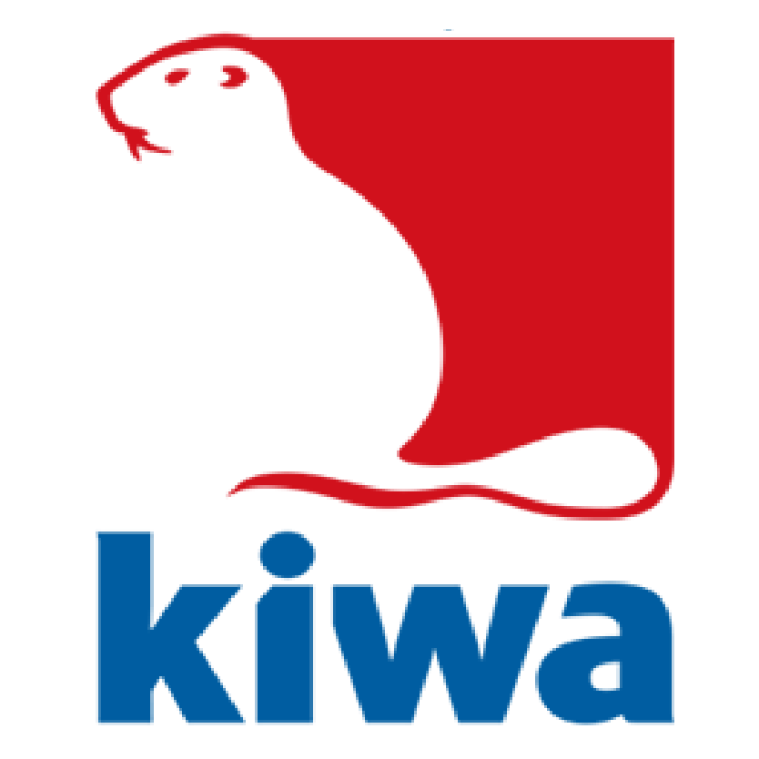 Red rectangle depicting the silhouette of a beaver on the left. Under the logo, kiwa is written in blue.